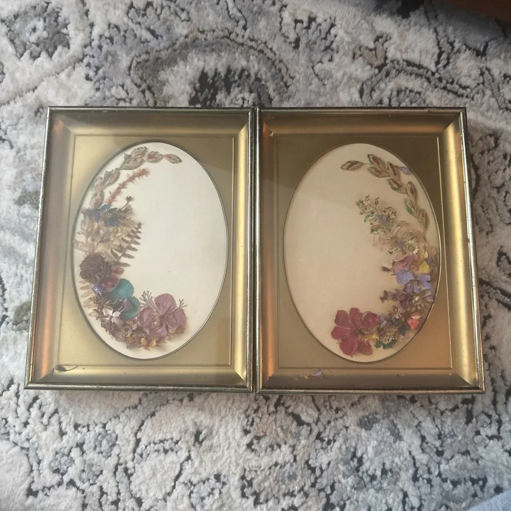 Set of 2 Vtg Gold Framed Pressed Flower Art Dried Botanicals Cottagecore Decor